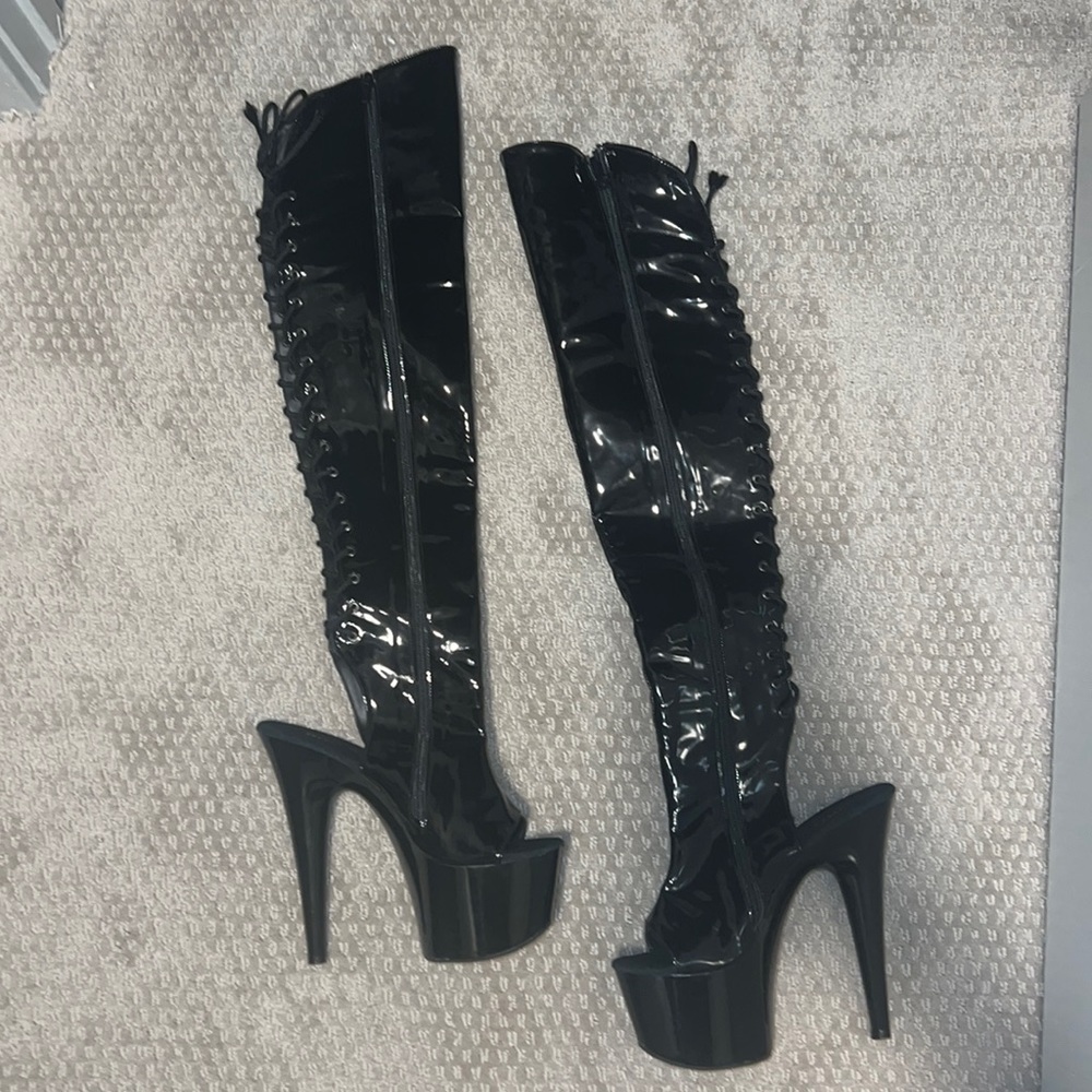 Black latex boots over the knee open toe
